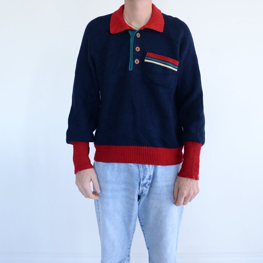 Vintage Ingo True North Navy Red Fine Knit Button Collar 30% Wool Sweater M